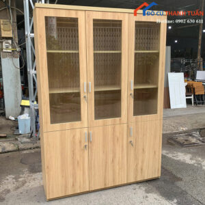 Tủ Hồ Sơ Cũ 1M4x2M Cánh Kính Màu Vân Gỗ Sáng Cao
