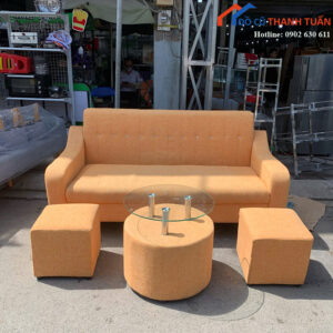 Bộ Sofa Cũ Kèm 2 Đôn Và Bàn Kính Tròn