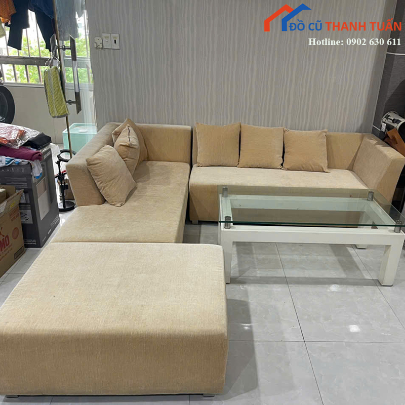 bo-sofa-goc-l-cu-boc-vai-mau-kem-1 Bộ Sofa Góc L Cũ Bọc Vải Màu Kem