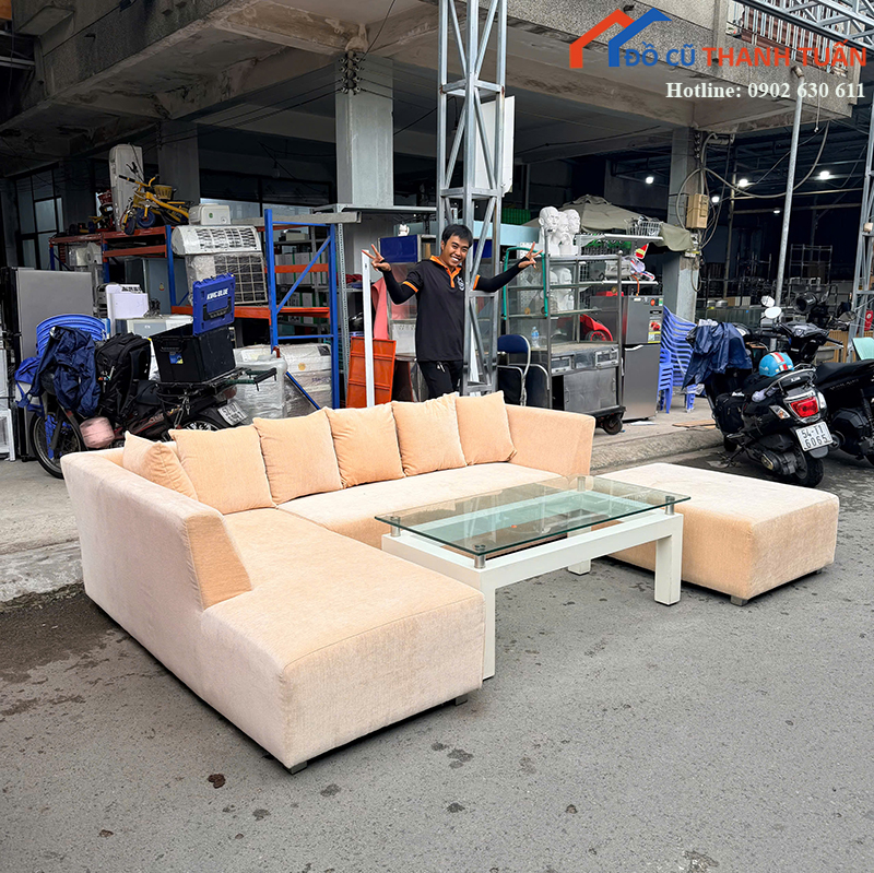 bo-sofa-goc-l-cu-boc-vai-mau-kem-2-1 Bộ Sofa Góc L Cũ Bọc Vải Màu Kem