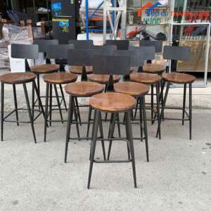 Ghế Bar Cũ Chân Sắt Mặt Gỗ Tròn Tựa Lưng Đơn Giản