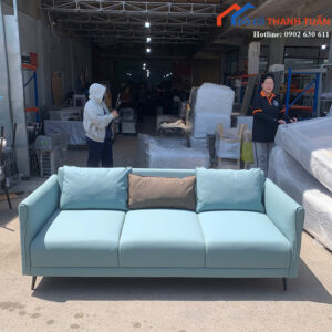 Ghế Sofa Cũ 2M Bọc Da Màu Xanh Kèm Gối Tựa