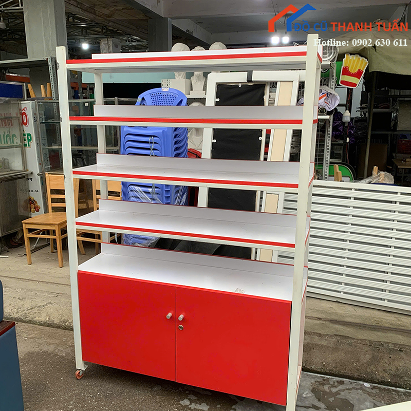 ke-trung-bay-cu-1m8-khung-sat-mau-trang-do-3 Kệ Trưng Bày Cũ 1M8 Khung Sắt Màu Trắng Đỏ