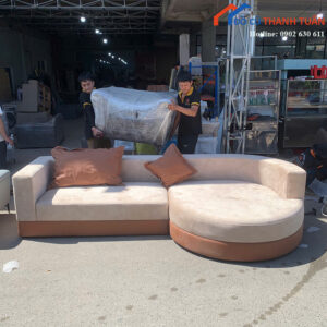 Sofa Góc Cũ Bọc Da Phối Vải Cao Cấp