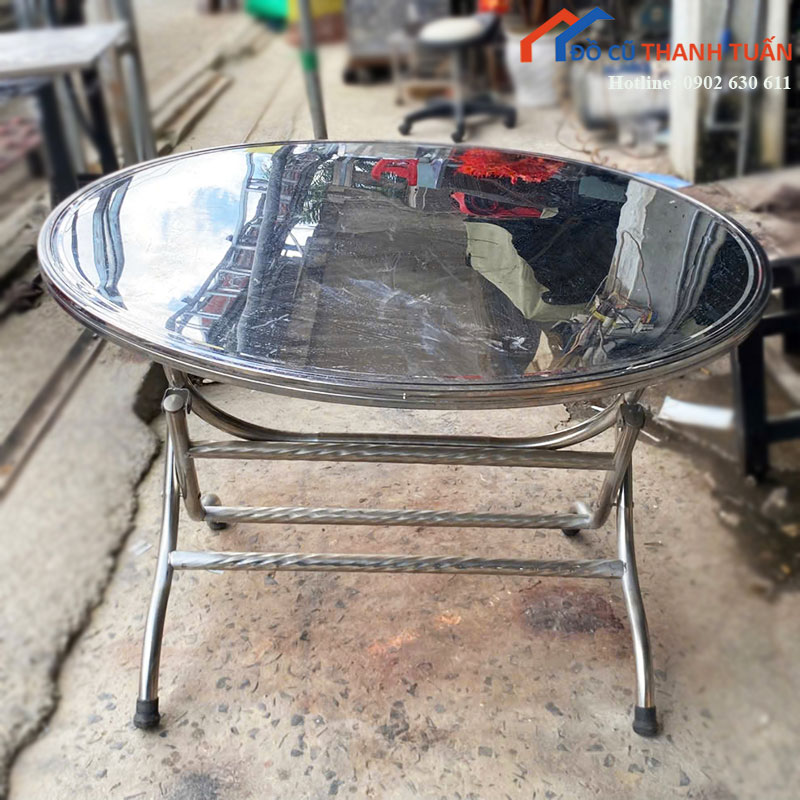 Bàn Inox Tròn Cũ Chân Gấp Gọn