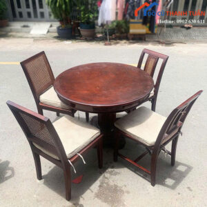 Bộ Bàn Ăn Gỗ Cũ Kèm 4 Ghế Lưng Đan