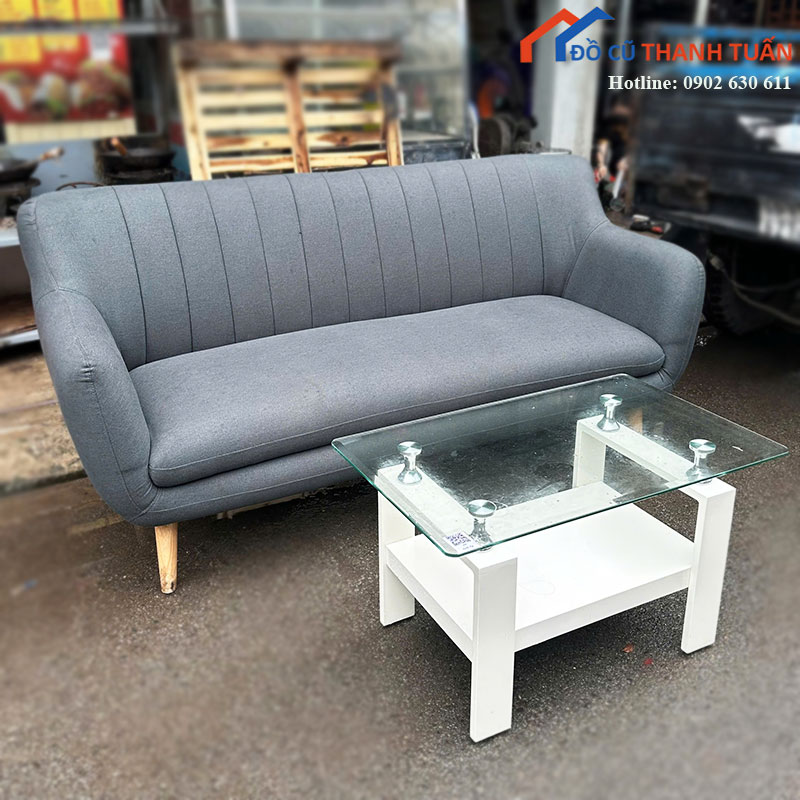 bo-sofa-bang-ni-xam-cu-kem-ban-kinh-1 Bộ Sofa Băng Nỉ Xám Cũ Kèm Bàn Kính