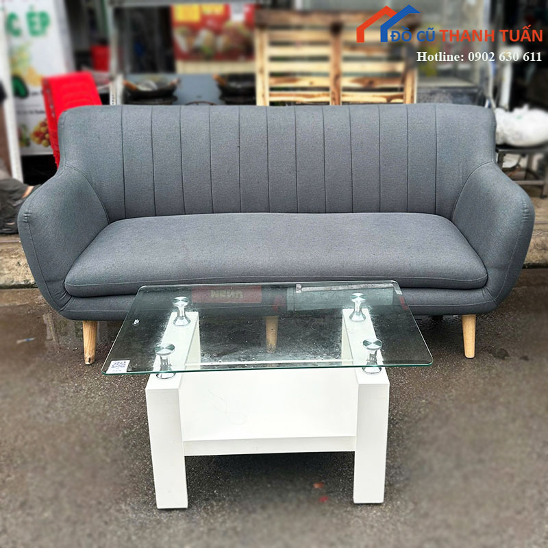 Bộ Sofa Băng Nỉ Xám Cũ Kèm Bàn Kính