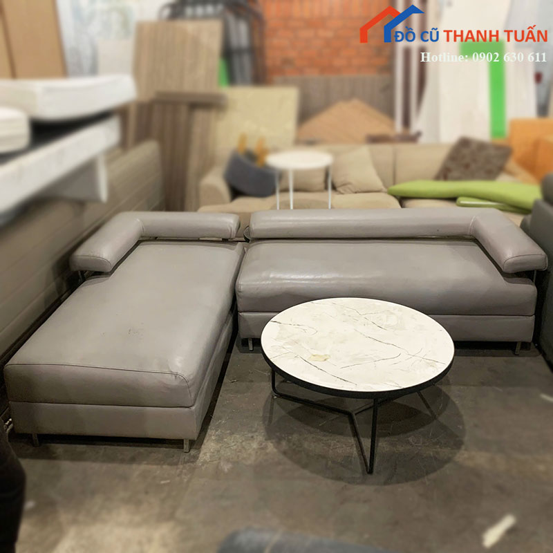 Bộ Sofa Góc L Cũ Da Màu Xám Kèm Bàn Trà Kính