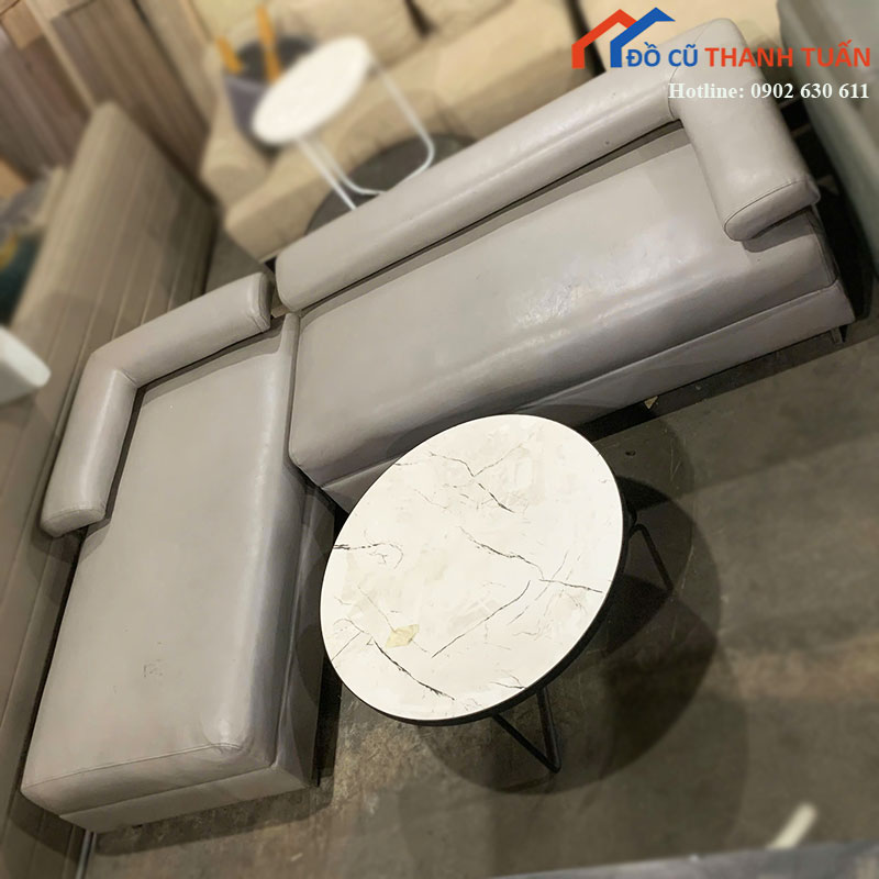 Bộ Sofa Góc L Cũ Da Màu Xám Kèm Bàn Trà Kính