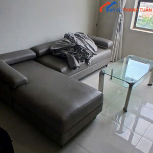 Bộ Sofa Góc L Cũ Da Màu Xám Kèm Bàn Trà Kính