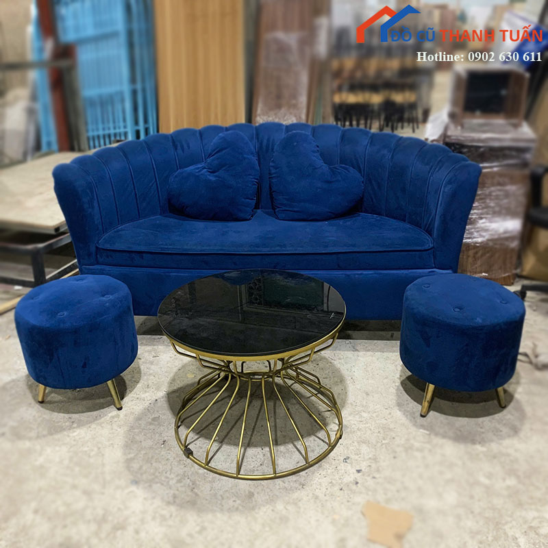Bộ Sofa Sò Xanh Navy Cũ Kèm Bàn Trà Mặt Kính
