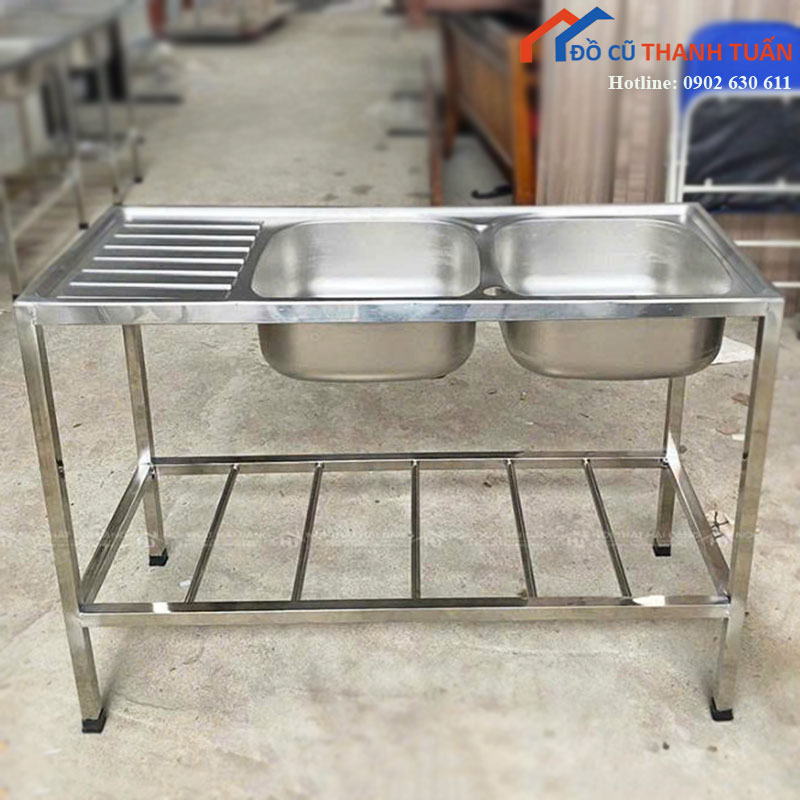 Bồn Rửa Inox 2 Hộc Có Bàn Ráo Nước Mới 99%