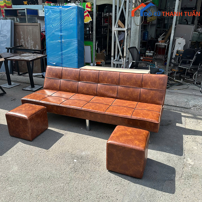 sofa-bed-cu-boc-da-nau-kem-2-don-tien-dung-2 Sofa Bed Cũ Bọc Da Nâu Kèm 2 Đôn Tiện Dụng