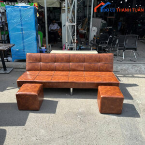 Sofa Bed Cũ Bọc Da Nâu Kèm 2 Đôn Tiện Dụng