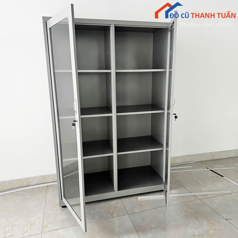 tu-ho-so-sat-cu-canh-kinh-mau-xam-gon-gang-1 Tủ Hồ Sơ Sắt Cũ Cánh Kính Màu Xám Gọn Gàng
