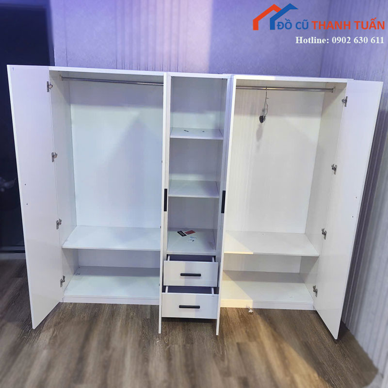 tu-quan-ao-4-canh-cu-mau-trang-kem-ke-2 Tủ Quần Áo 4 Cánh Cũ Màu Trắng Kèm Kệ