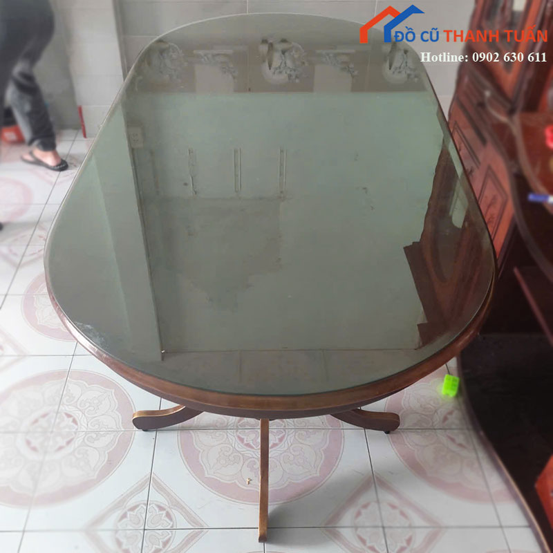Bàn Ăn Gỗ Cũ Mặt Kính Bo Góc