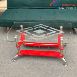 Bàn Sofa Kính Cũ 2 Tầng Khung Inox Phối Đỏ Nổi Bật