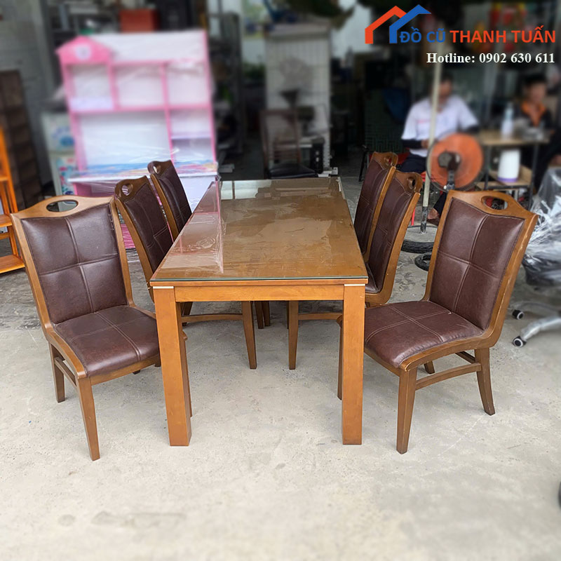 Bộ Bàn Ăn Cũ 6 Ghế Gỗ Nệm Da Màu Nâu