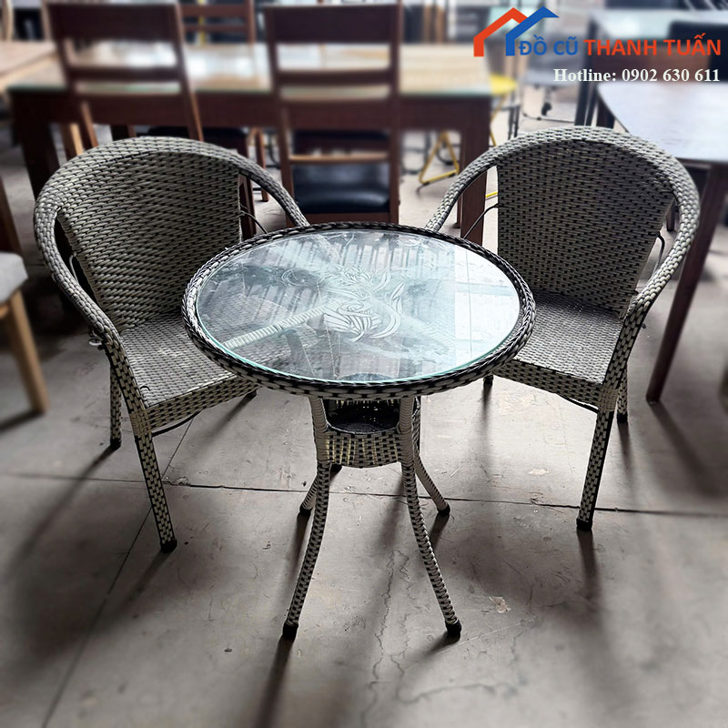 Bộ Bàn Ghế Cafe Cũ Nhựa Giả Mây Mặt Kính