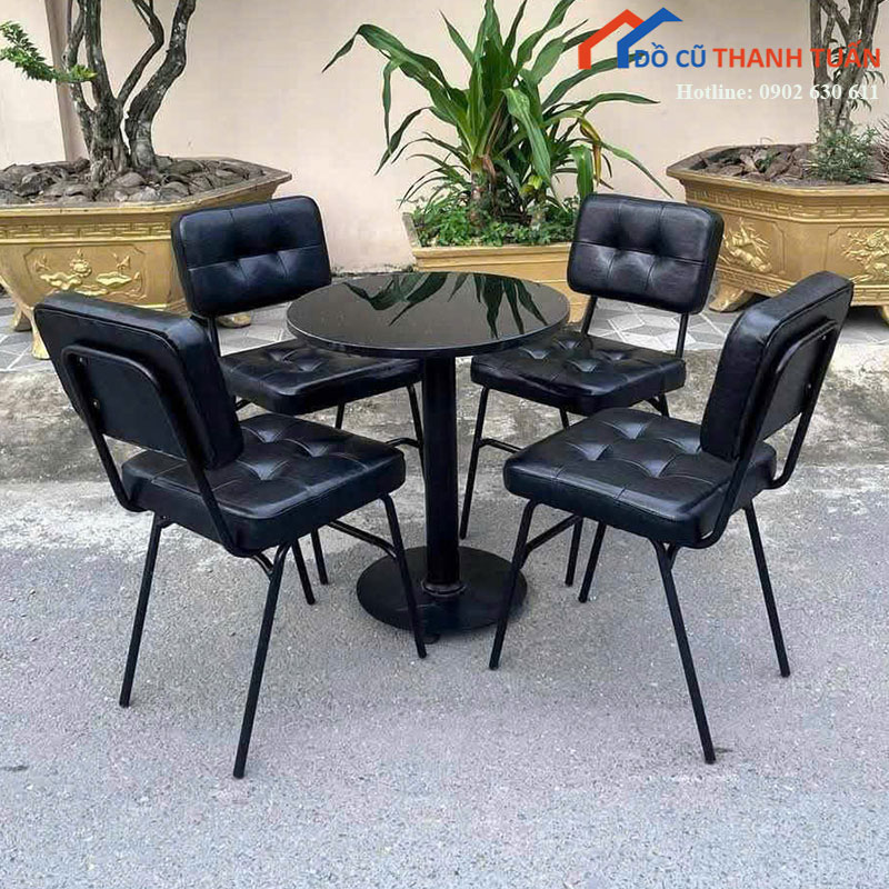 Bộ Bàn Ghế Cafe Mới Ghế Lote Vuông Bọc Nệm Đen