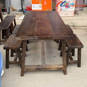 Bộ Bàn Ghế Quán Ăn Mới 99% Gỗ Thông Màu Nâu 4 Chỗ Ngồi