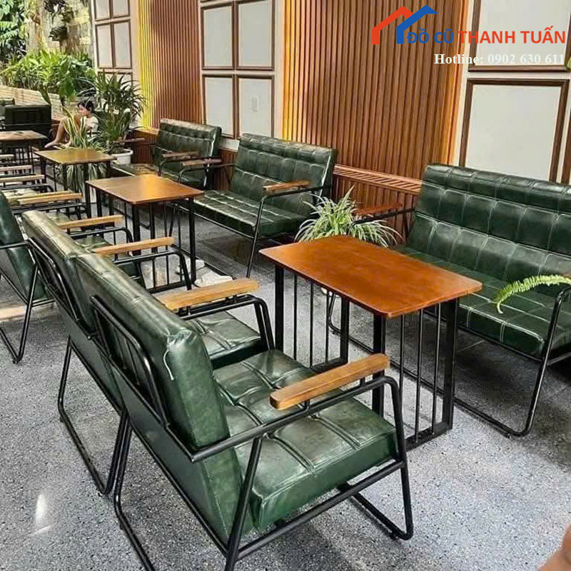 Bộ Bàn Ghế Sofa Cafe Nệm Xanh Ô Ca Rô Mới 99%