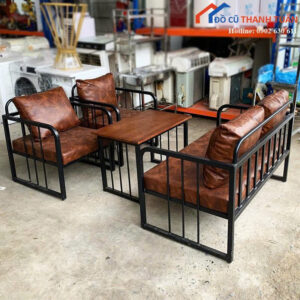 Bộ Bàn Ghế Sofa Khung Sắt Mới 99% Bọc Da Màu Nâu