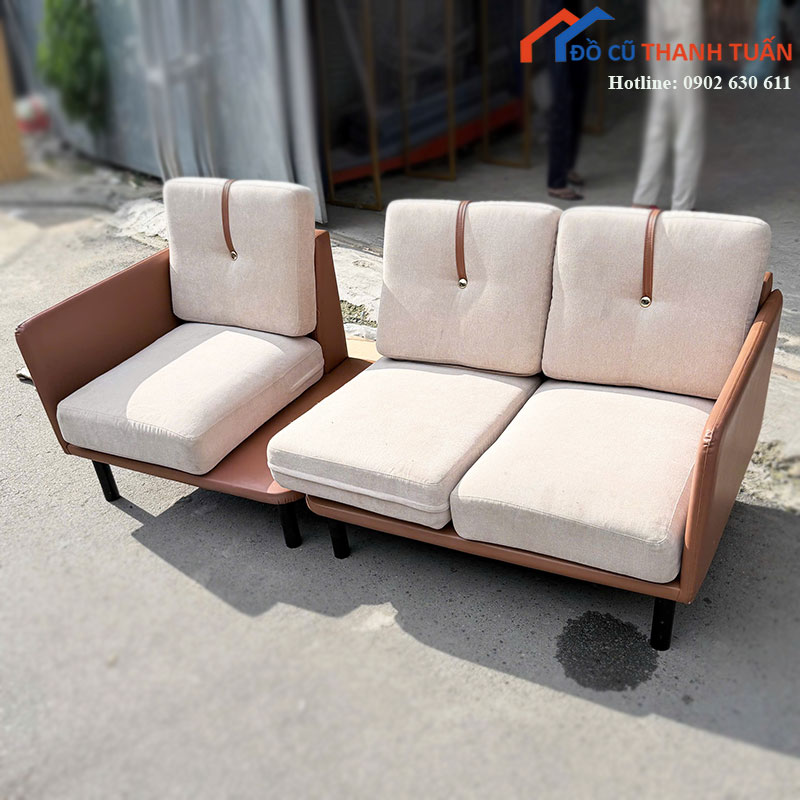 bo-sofa-cu-3-cho-boc-ni-kem-phoi-da-nau-1 Bộ Sofa Cũ 3 Chỗ Bọc Nỉ Kem Phối Da Nâu