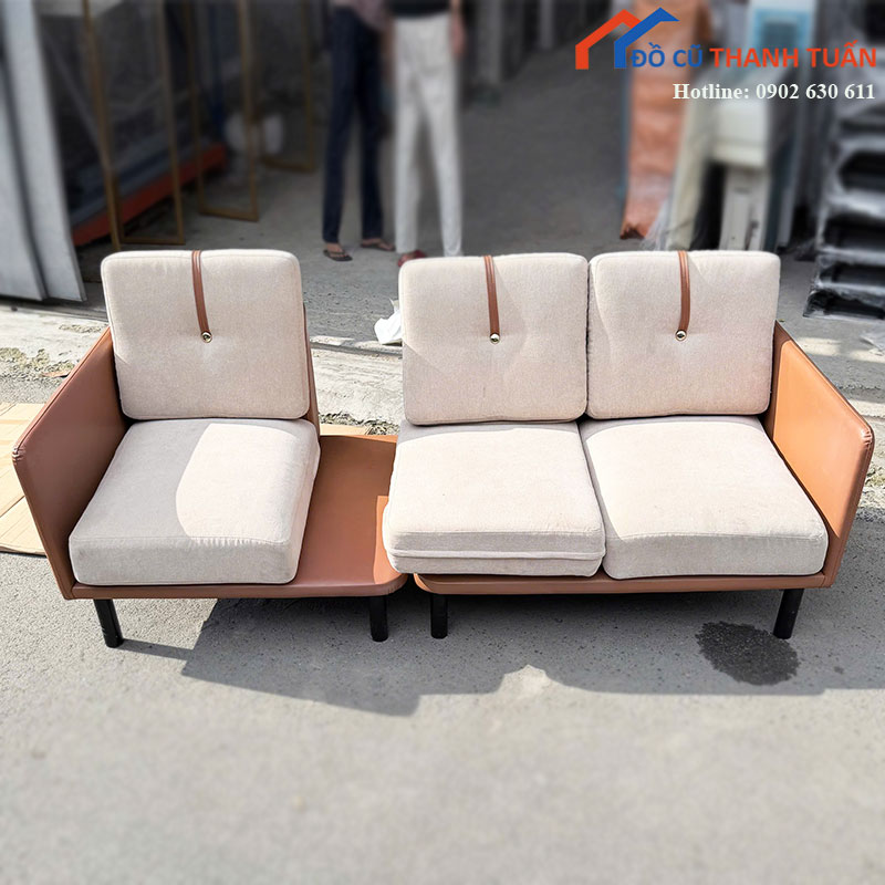 bo-sofa-cu-3-cho-boc-ni-kem-phoi-da-nau-3 Bộ Sofa Cũ 3 Chỗ Bọc Nỉ Kem Phối Da Nâu