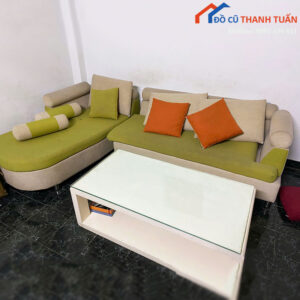 Bộ Sofa Nỉ Cũ Phối Hai Màu Xanh Kem Có Gối Tựa