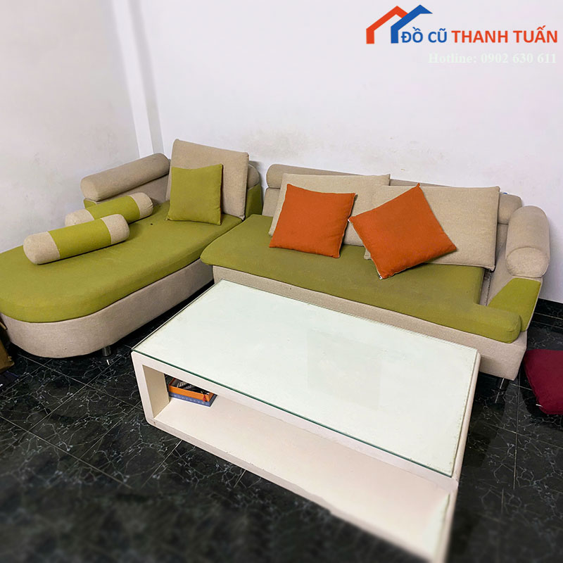 Bộ Sofa Nỉ Cũ Phối Hai Màu Xanh Kem Có Gối Tựa