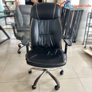 Ghế Giám Đốc Cũ Bọc Da Đen Lưng Cao Viền Chỉ Nâu