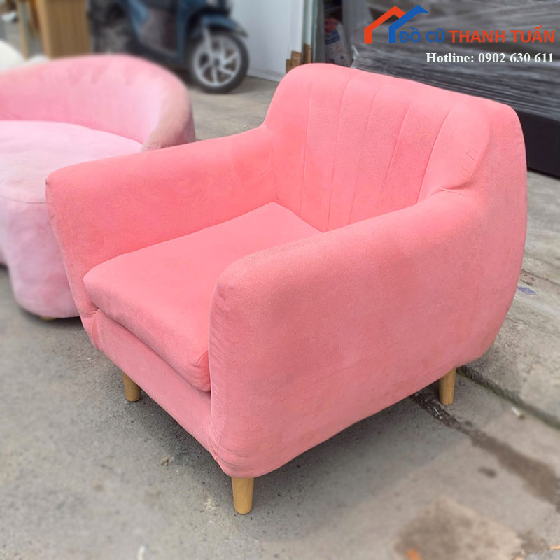 ghe-sofa-don-cu-boc-ni-mau-hong-chan-go-5 Ghế Sofa Đơn Cũ Bọc Nỉ Màu Hồng Chân Gỗ