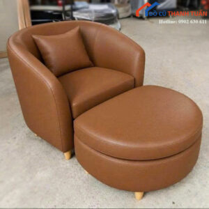 Ghế Sofa Đơn Kèm Đôn Tròn Mới 99% Bọc Da Màu Nâu