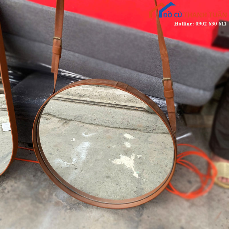Gương Tròn Treo Tường Cũ Khung Da