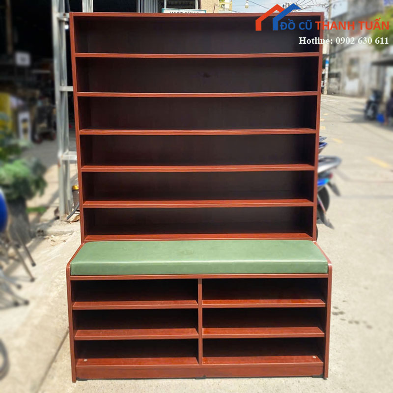 Kệ Giày Gỗ Cũ Nhiều Tầng Có Ghế Ngồi Bọc Nệm