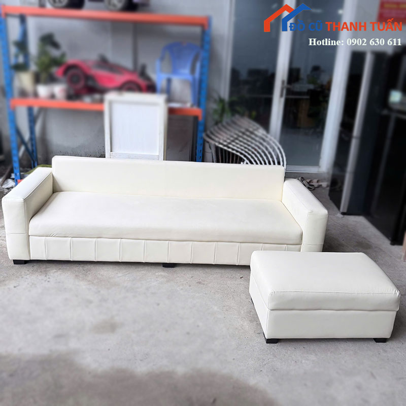 Sofa Băng 2m4 Cũ Bọc Da Trắng Kèm Đôn Rời
