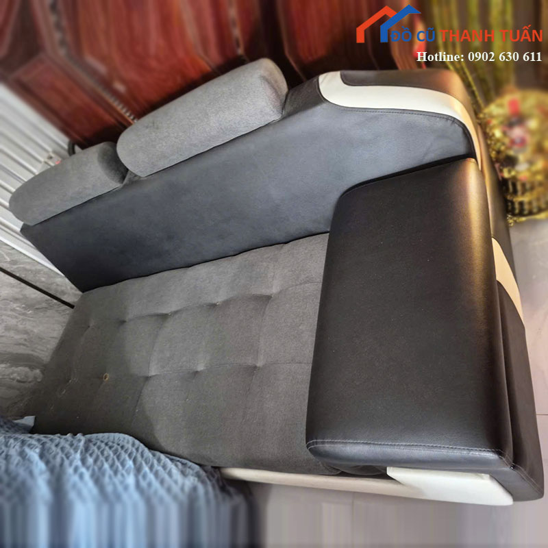 Sofa Băng Cũ Bọc Da Phối Vải Màu Xám Đen