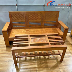 Sofa Gỗ Cũ Dáng Băng Dài Kèm Bàn Trà