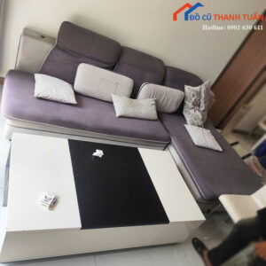 Sofa Góc Chữ L Cũ Bọc Nệm Xám Phối Gối Trắng
