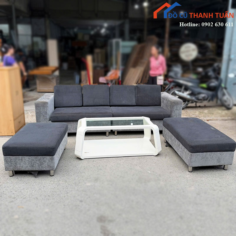 Sofa Góc Chữ U Cũ Bọc Nỉ Màu Đen Phối Xám