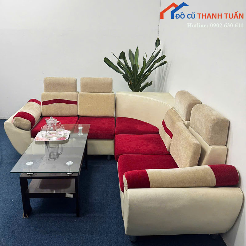 Sofa Góc L Cũ Bọc Nỉ Màu Đỏ Phối Da Kem