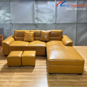 Sofa Góc L Cũ Kèm Đôn Bọc Da Màu Nâu Vàng