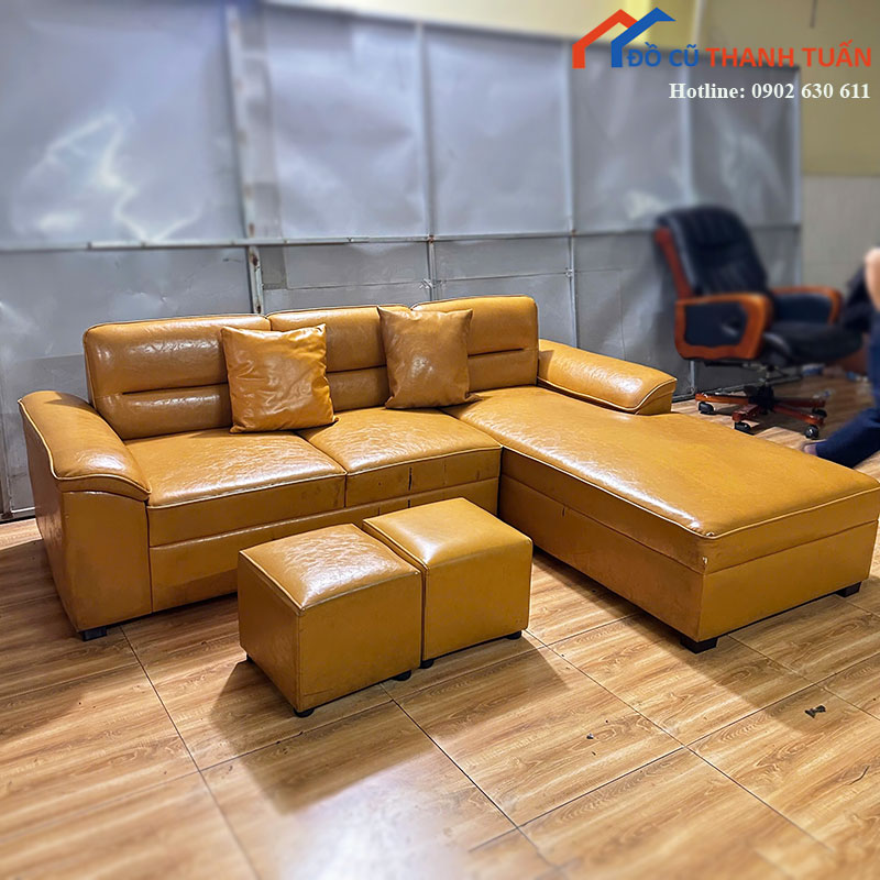 sofa-goc-l-cu-kem-don-boc-da-mau-nau-vang-2 Sofa Góc L Cũ Kèm Đôn Bọc Da Màu Nâu Vàng
