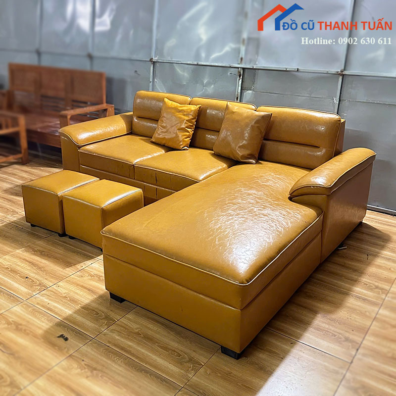 sofa-goc-l-cu-kem-don-boc-da-mau-nau-vang-3 Sofa Góc L Cũ Kèm Đôn Bọc Da Màu Nâu Vàng