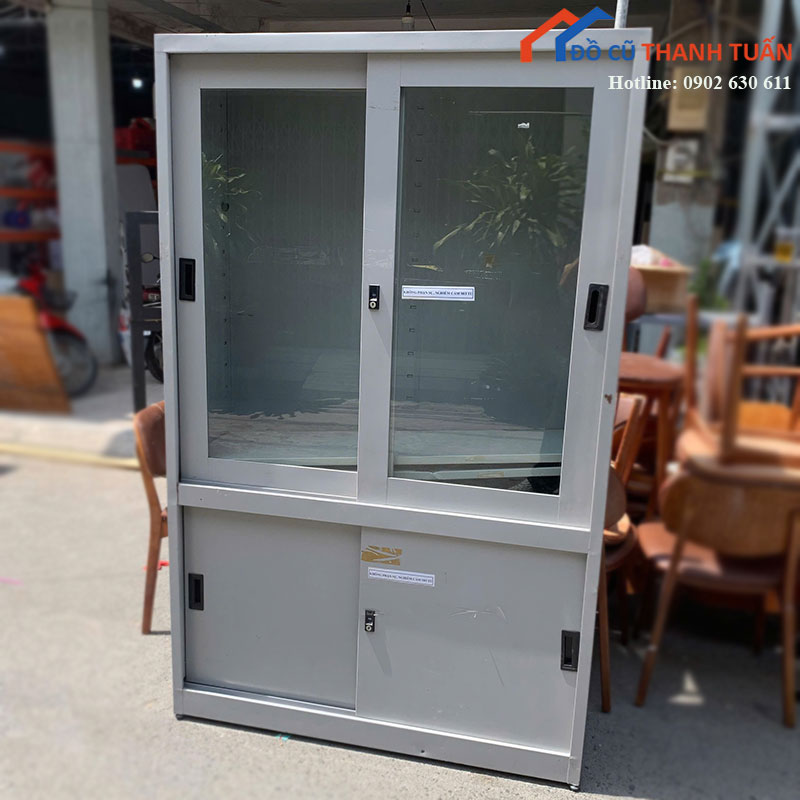 tu-ho-so-sat-cu-cua-lua-kinh-chia-2-tang-1 Tủ Hồ Sơ Sắt Cũ Cửa Lùa Kính Chia 2 Tầng