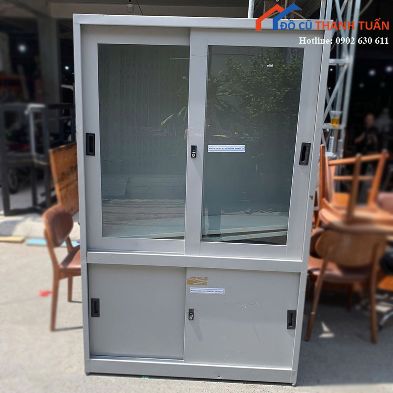 Tủ Hồ Sơ Sắt Cũ Cửa Lùa Kính Chia 2 Tầng