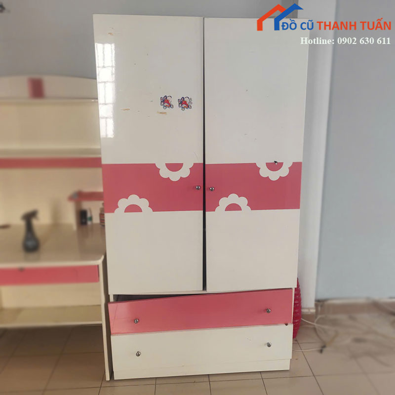 Tủ Quần Áo Cũ 2 Cánh Màu Trắng Hồng Có Ngăn Kéo